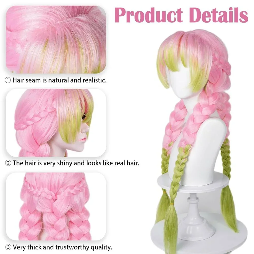 ✨ Women's Max Beauty Anime Pink and Green Wigs Cosplay Braided Hairs Pigtails - Picture 4 of 9